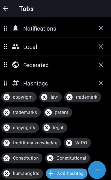 the list of hashtags I follow such as copyright, trademarks and other law stuff