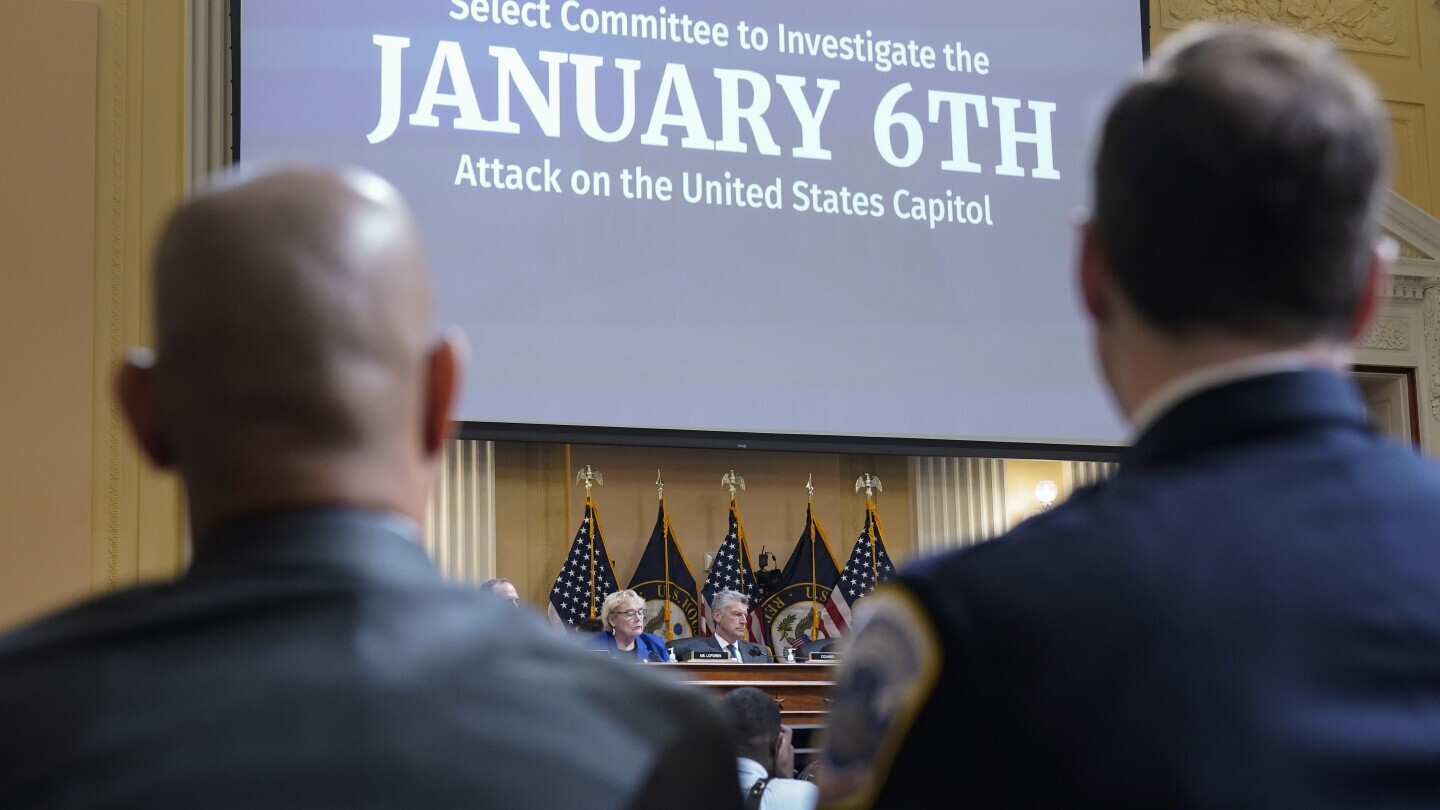 U.S. Capitol Police Sgt. Aquilino Gonell, left, and Washington Metropolitan Police Department officer Daniel Hodges listen as the House select committee investigating the Jan. 6 attack on the U.S. Capitol holds a hearing on Capitol Hill in Washington, Oct. 13, 2022. (AP Photo/Jacquelyn Martin, File)